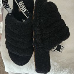 UGG black Fur Slip On Heels 