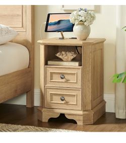 Farmhouse Nightstand with Charging Station, 18" End Table w/ 2 Drawers, Wood Side Table, Natural Oak