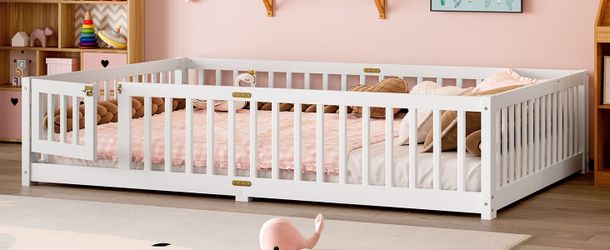 Queen Size Bed Floor Bed with Safety Guardrails and Door for Kids, White(Old SKU: W1580P154628 )
