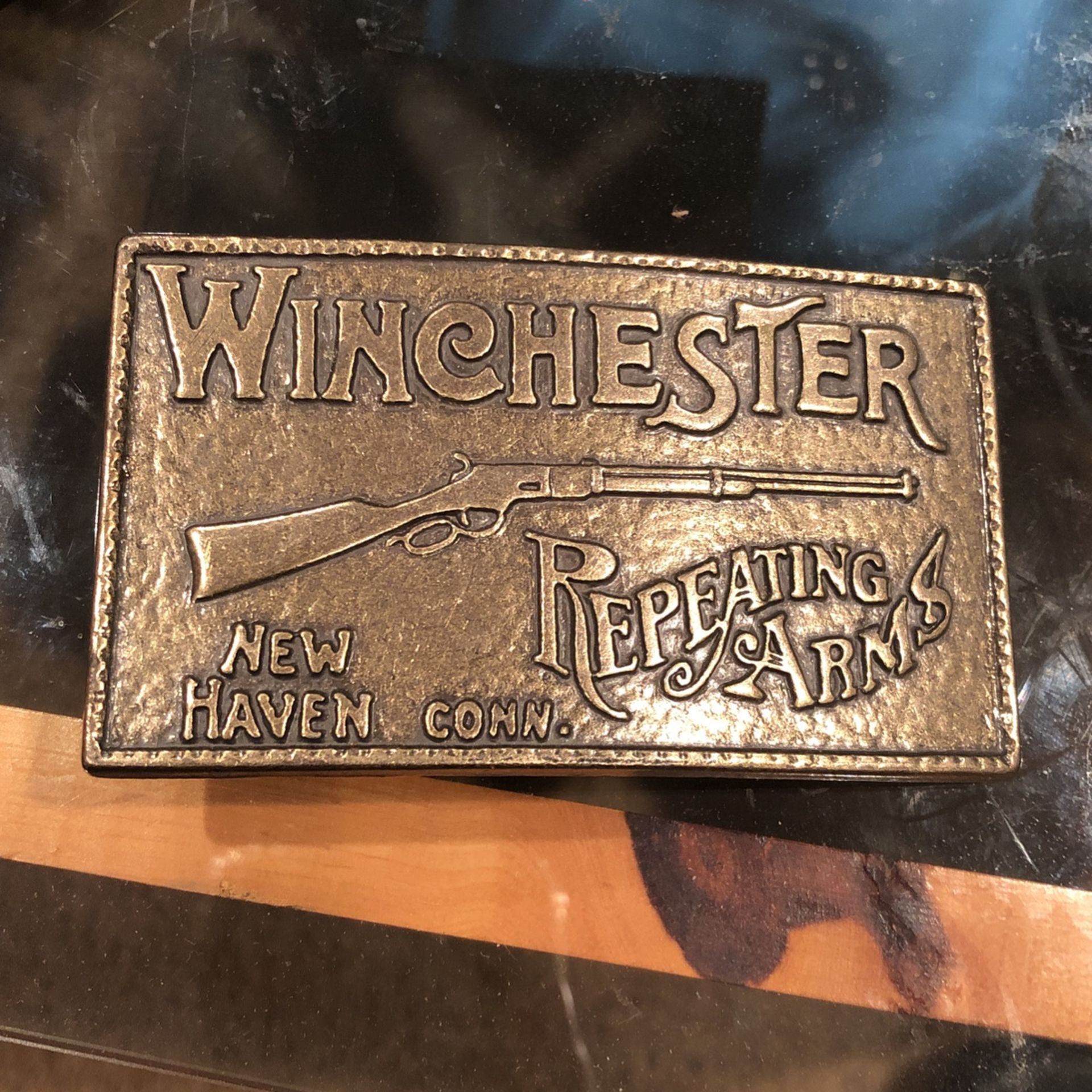 Vintage Winchester Belt Buckle Repeating Arms New Haven Conn Koleaco Enterprises Box 885 Garland Texas Made in the USA