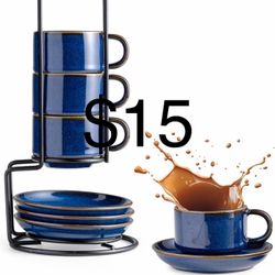 Gomakren 2.5 Ounce Espresso Cups Set of 4, Small Stackable Coffee Cups with Saucers and Metal Stand, Christmas Porcelain Demitasse Cups for Specialty 