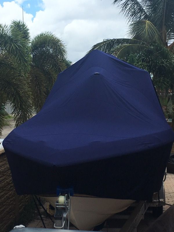 Photo Full boat cover with premium navy blue sunbrella