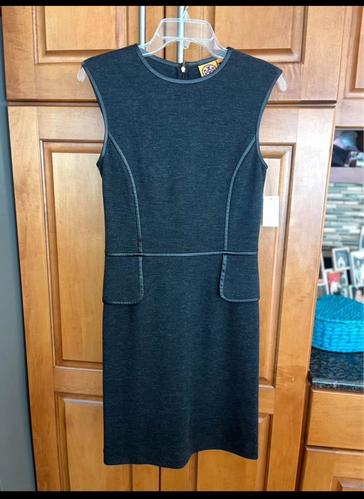 TORY BURCH WOOL SLEEVELESS DRESS WITH LEATHER TRIM