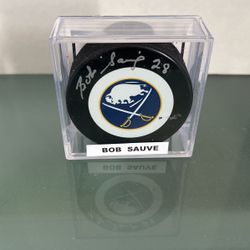 Bob Sauve Autographed Buffalo Sabres Throwback Hockey Puck 