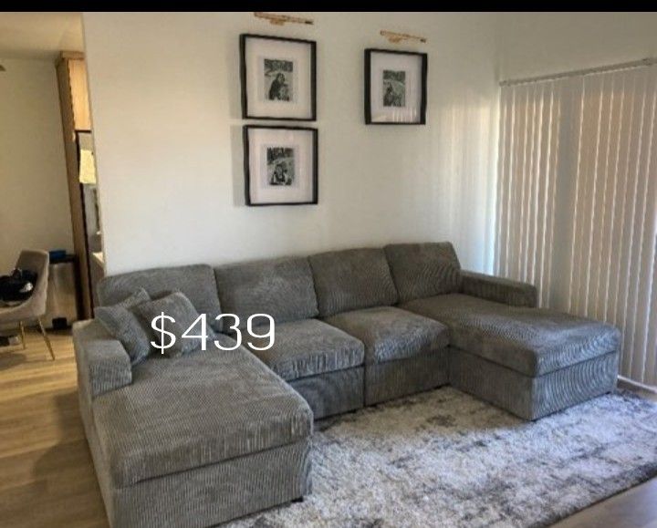 XL Sectional Sofa U Shape Grey Corduroy Sectional