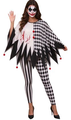 Halloween Jester Costume Clown Poncho Set NEW