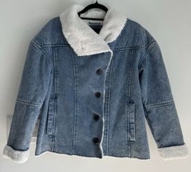 Lucky Brand Denim Jacket Womens Large Cotton Faux Shearling Retro Penny Lane