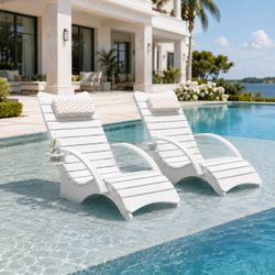 Set of 2 White In-Pool Lounge Chairs w/ Headrests & Cup Holders – New