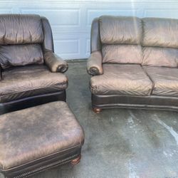Leather Loveseat And Chair With Ottoman