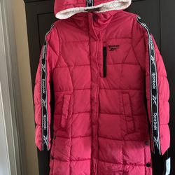 NWT Reebok Women's Red Puffer Coat Parka Quilted Jacket  Sherpa Hood Spellout Youth Size Large (14-16) /Women’s Size S/M