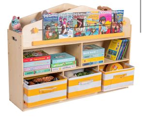 Kids Toy Storage Organizer with Bookshelf, Wooden Montessori Playroom Furniture with 3 Removable Bins & Anti-Tip Kit