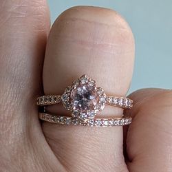 F.D. 14k Rose Gold Morganite Diamond Halo Engagement Wedding Ring Set (Size 5.5)