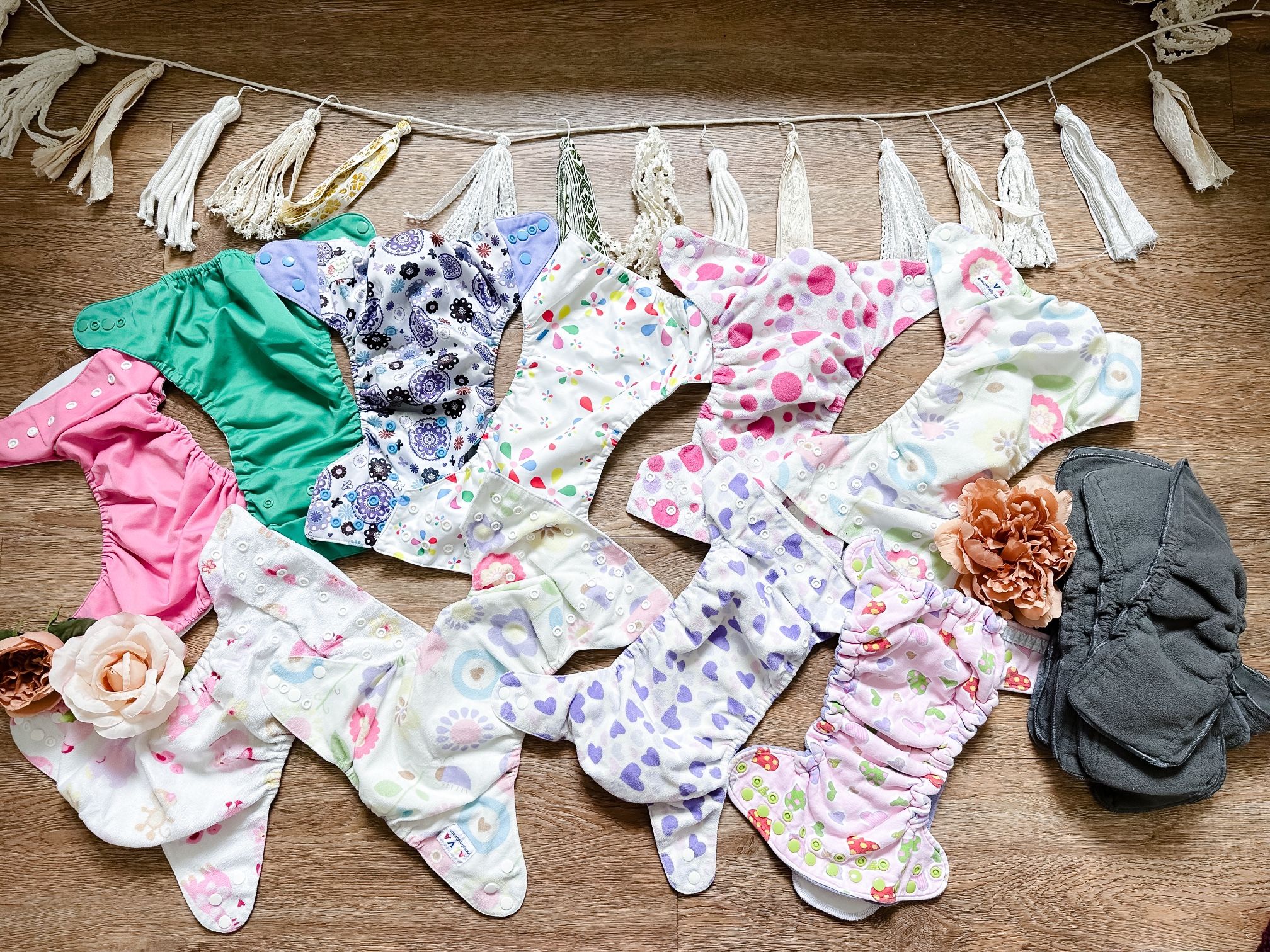 19pc darling patterned Bulk cloth diaper + reusable charcoal inserts bundle