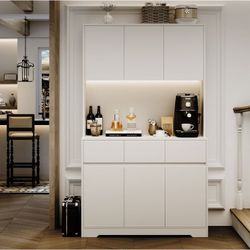  70.9'' Kitchen Pantry Hutch with Charge Station & Led Light, 3 Drawer Storage Cabinet with Adjustable Shelves, White