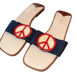 Capucine Slide Sandal Flat Peace Sign Denim Size 11 Never Worn Red Blue   The Capucine Slide Sandal in size 11 features a flat heel design with a peac