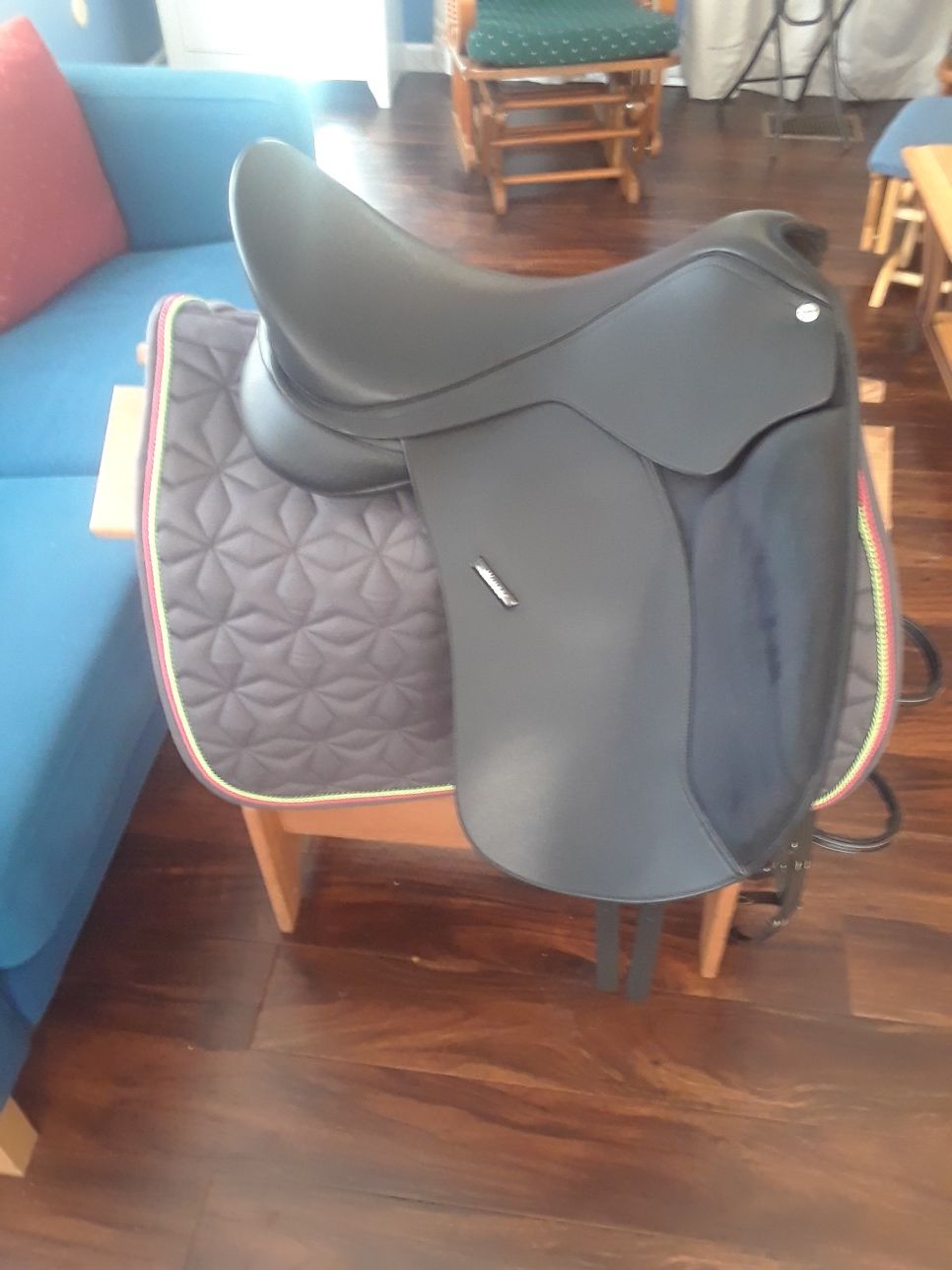 Wintec dressage english saddle, bridle, blanket, and stand