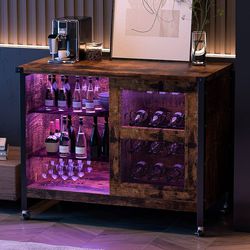 Wine Liquor Cabinet Bar for Home - Coffee Bar Cabinet with RGB Led Lights, Buffet Cabinets with Sliding Doors and Storage, Farmhouse Rustic