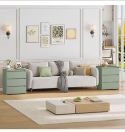 Two green 3-drawer nightstands, green bedroom nightstand with cutout handle, side table for bedroom or bedside use.