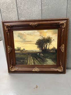 Large Vintage Ornate Framed Pastoral Landscape Oil Painting - Signed Jasper