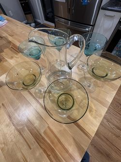 6 Ombre Blue & Green Margarita Glasses and Drink Pitcher Set Libbey Glass Company — mint condition