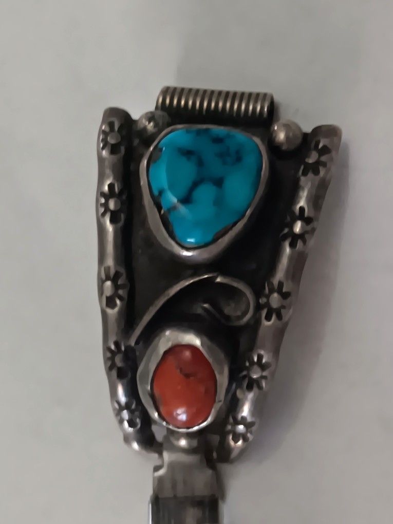 Women's Silver Native American Turquoise & Coral Watch Tips w/Band