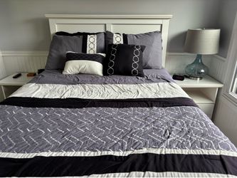 4 piece White bedroom set with full sized bed frame, 2 nightstands + tall dresser