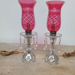 Pair Of Antique Victorian Hurricane Prism Lamps