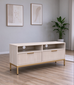 Fluted TV Stand / Media Console | Light Oak with Gold Legs