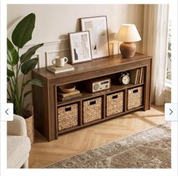 QL0055 63" Bookcase with 4 Woven Baskets, Farmhouse Low Horizontal Bookshelf
