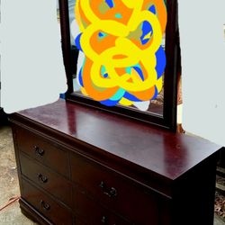 Cherry Bedroom Dresser Set w/ Mirror - Long Tall Drawers Bundle of 3 Pieces