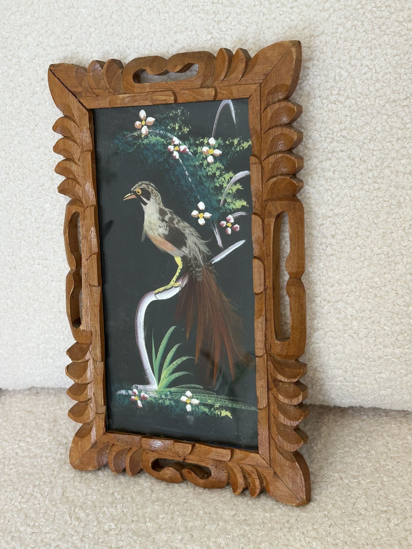 vintage REAL FEATHER and PAINTED bird art CARVED WOOD FRAME Mid Century Wall Hanging Mid Century 1950’s Collectible