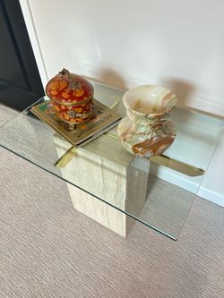 1980s Post Modern Glass Top Side Table With Travertine Base
