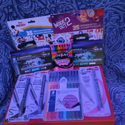 3 Staedtler Pen/Marker Packs Asst, Blues and Greens. 3 Journaling Micro Tip Brush Pens, 1- 16 Scented Crazart Crayons and 2 Temporary Tattoo  Sheets.