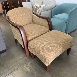 Vintage Mid Century Modern Upholstered Wooden Base Lounge Chair with Ottoman Clean and Good Condition