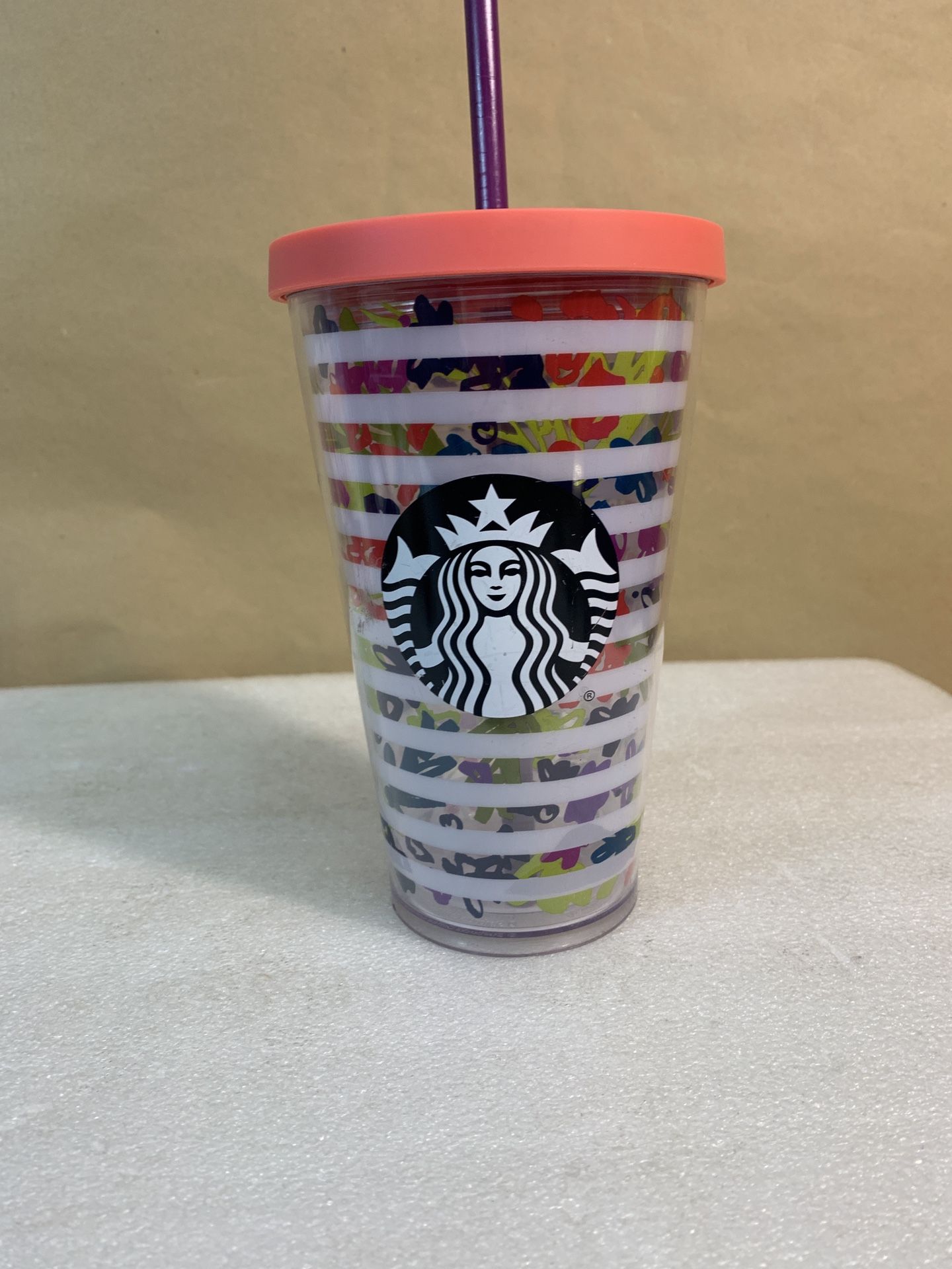 2017 - Starbucks 16oz. Floral & White Stripes Cold Cup Grande Tumbler With Lid