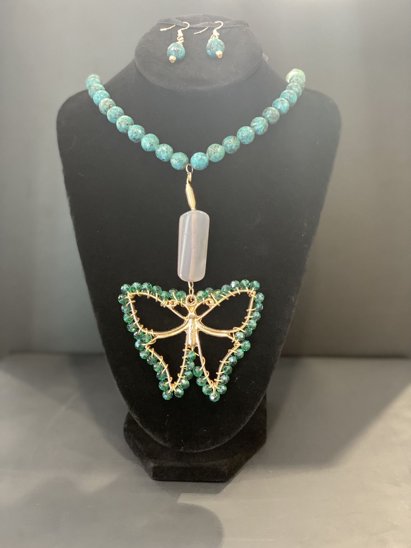 Agate Stone Butterfly Necklace And Earrings