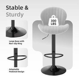 Modern Bar Stools Set of 2, Velvet Height Adjustable Swivel Barstools, Armless Kitchen Island Counter Chairs with Back & Footrest, Grey