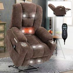 New Brown Lift Recliner Massage Chair Sofa with Heating, 2 Steel Cup Holders