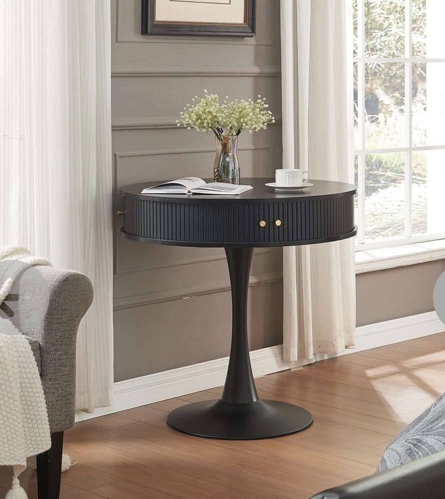 31.5” Black Bistro Pedestal Table with Hidden Storage Cabinet