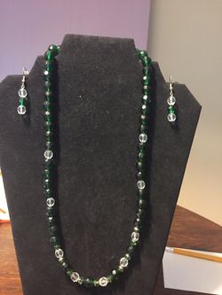 Necklace and Pierced Earrings Set Glass beads. Holiday Green!