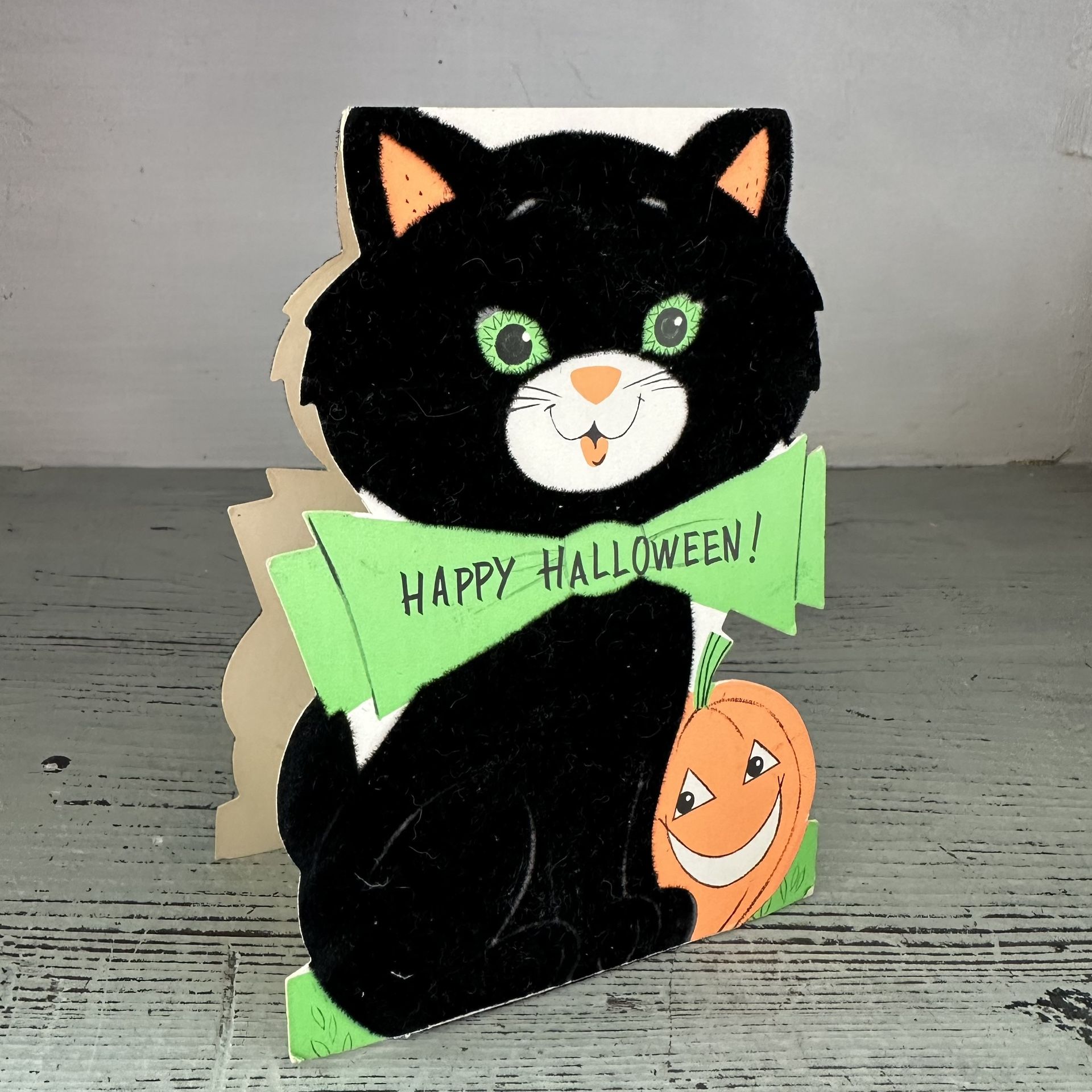 Vintage Fuzzy Velvet Black Cat Halloween stand up card. Rust Craft USA Nice condition. Unused card. 6 1/2” tall