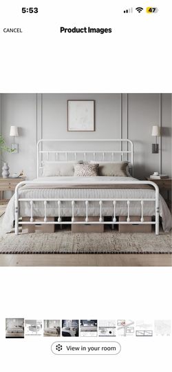 King Bed Frame with Headboard, Victorian Vintage White Iron Easy-to-assemble sturdy metal frame for noiseless sleep; no box spring needed, provides sp