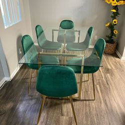 Emerald Green Gold Velvet Glass Dining Set For 6