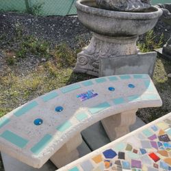 Concrete Mosaic Tile Inlay Curved Benches / Cement Garden Patio Bench / Outdoor Patio Furniture