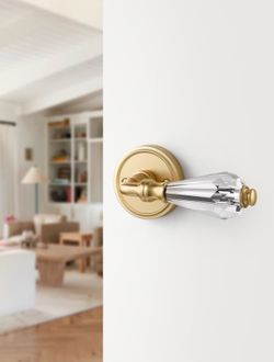 2 Pack Gold Glass Door Lever Passage Crystal Door Levers Satin Brass Door Lever Interior Brushed Gold Door Handle for Hall and Closet,Zinc Alloy