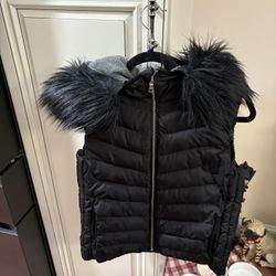 Gap Black Puffer Vest With Faux Fur Hood