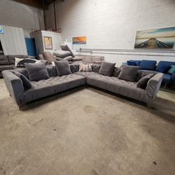 FREE DELIVERY! Large Gray Chesterfield Sectional Sofa Couch With Throw Pillows($3000 Retail + Tax)