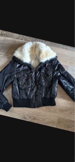 NEW Women Faux Fur Collar Black Bomber Jacket Coat Size Small