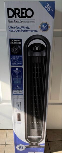 DREO 36-inch tower fan features TurboSilent technology for ultra-quiet operation.