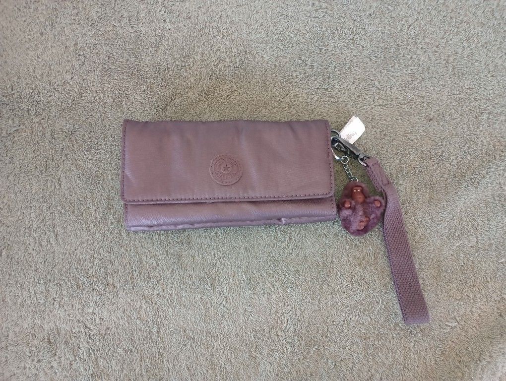 Kipling AC8151 RUBI Snap Long Wallet Wristlet Polyamide Dark Maroon Metallic